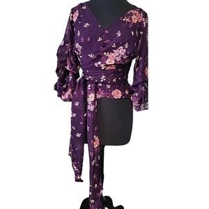 Purple Pink Floral V-Neck Wrap Blouse L Semi-Sheer Cropped Festival EUC